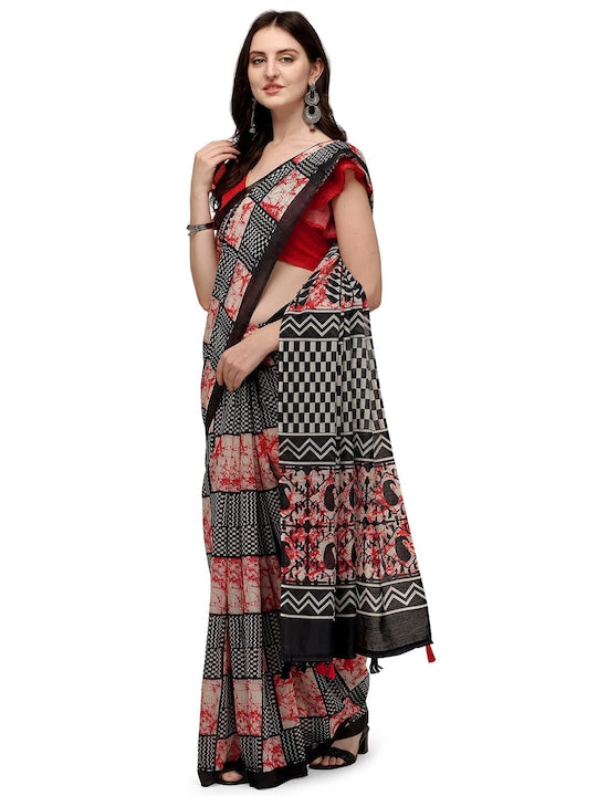 Red And Black Color Woven Linen Saree , Party wear