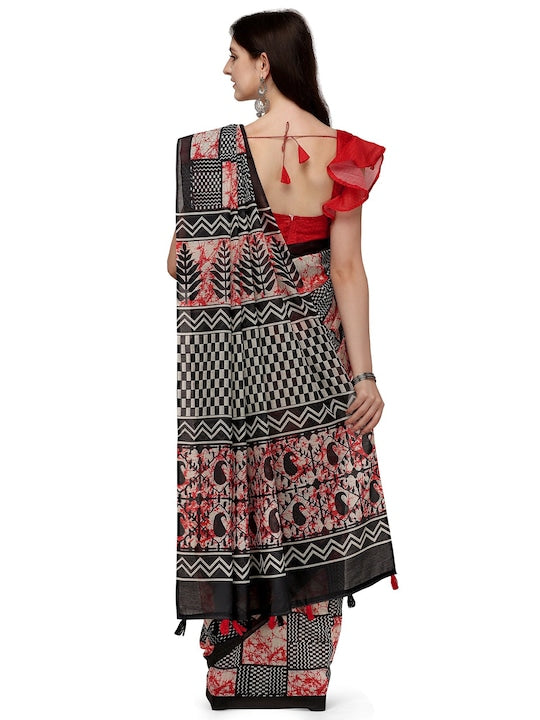 Red And Black Color Woven Linen Saree , Party wear