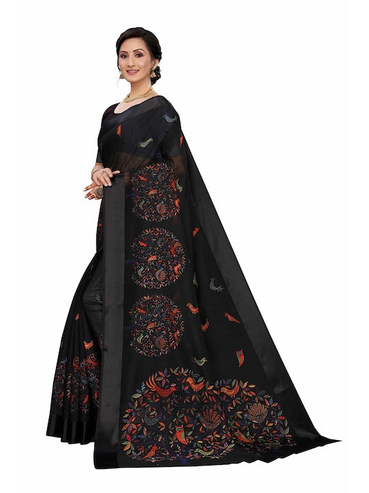 Black Color Woven Linen Saree , Party wear