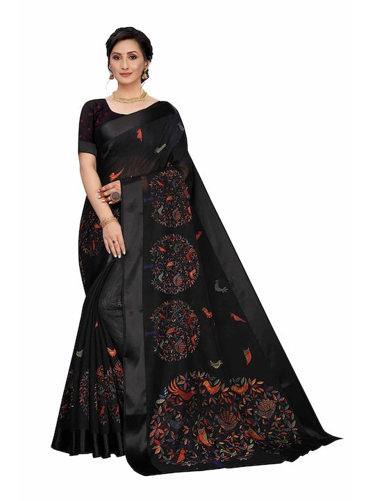 Black Color Woven Linen Saree , Party wear