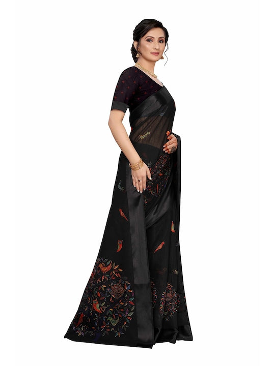 Black Color Woven Linen Saree , Party wear