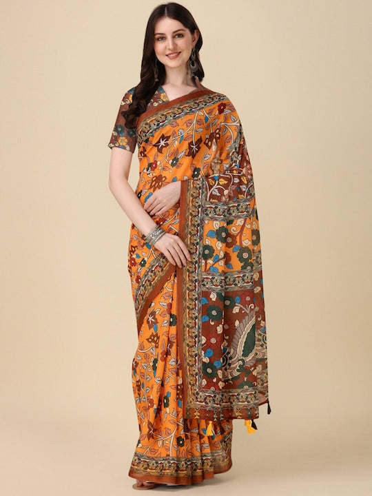 Orange Color Woven Linen Saree , Party wear