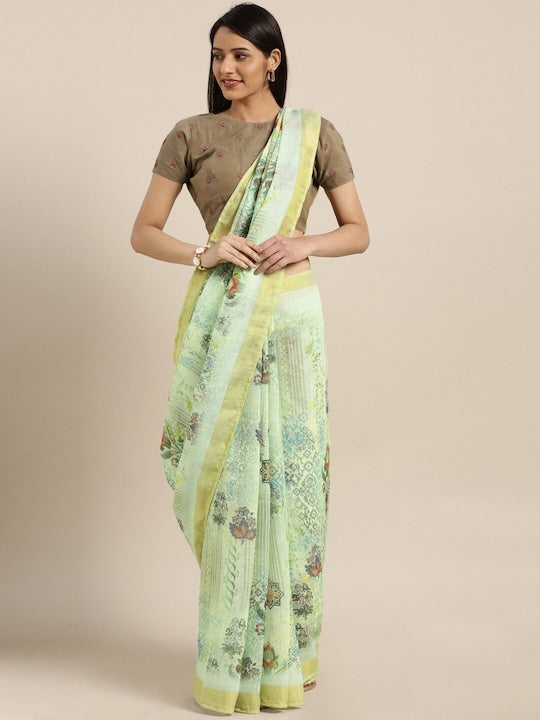 Mint Color Woven Linen Saree , Party wear