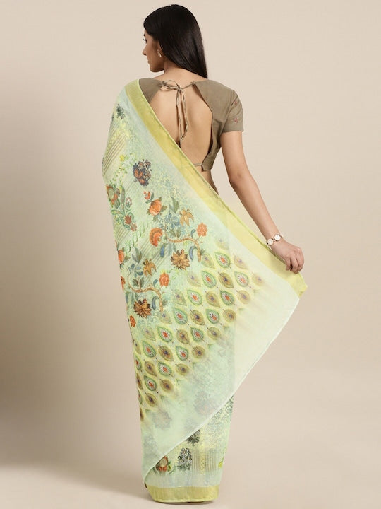 Mint Color Woven Linen Saree , Party wear