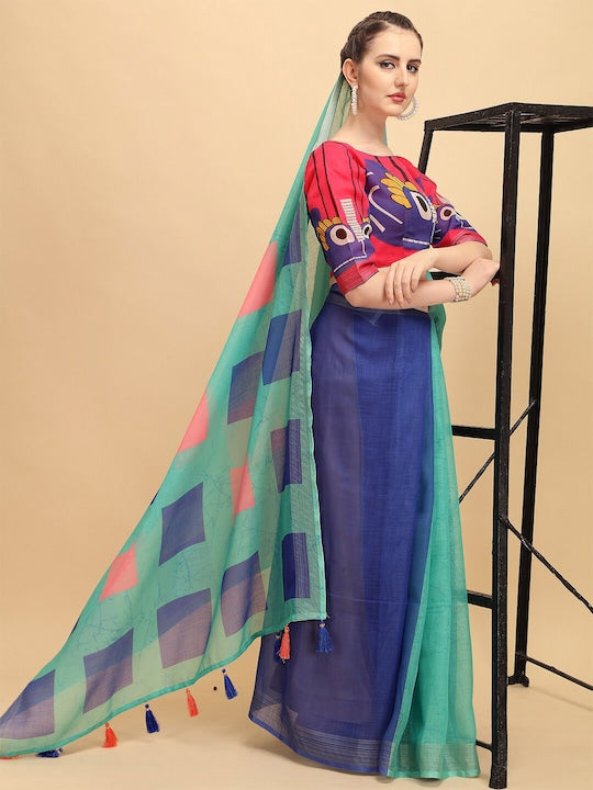 Rama And Blue Color Woven Linen Saree , Party wear