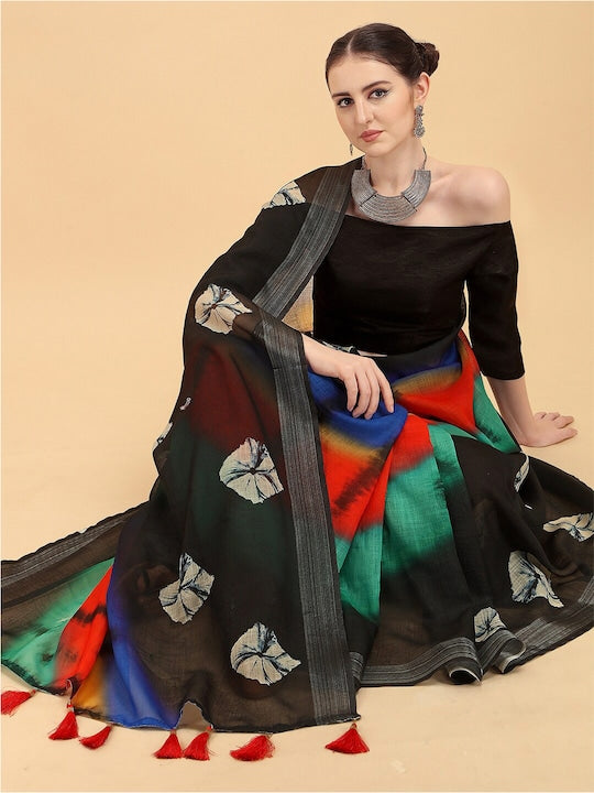 Impressive Black Coloured Casual Wear Printed Linen Saree