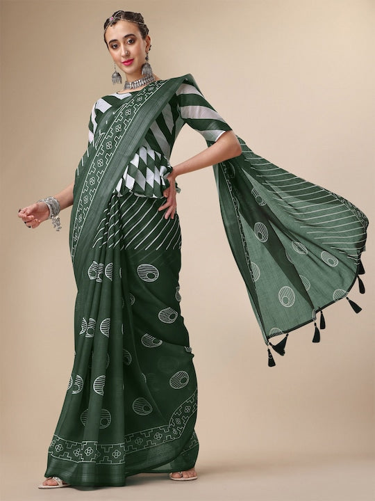 Adorable Green Colored Casual Wear Printed Linen Saree