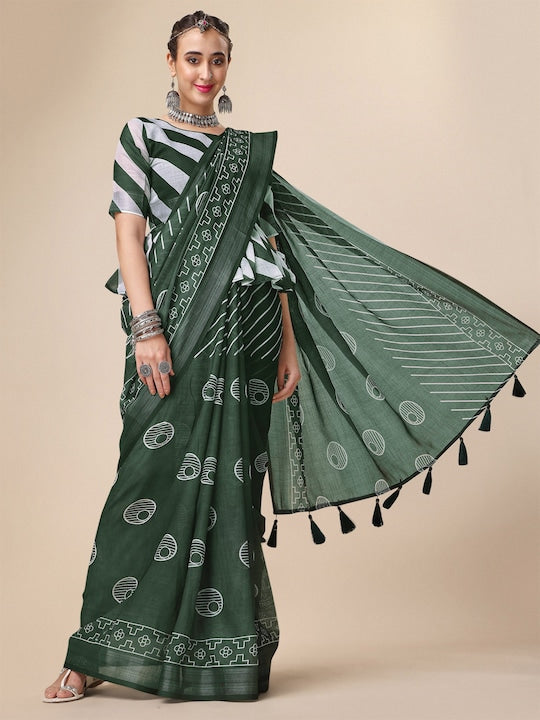 Adorable Green Colored Casual Wear Printed Linen Saree