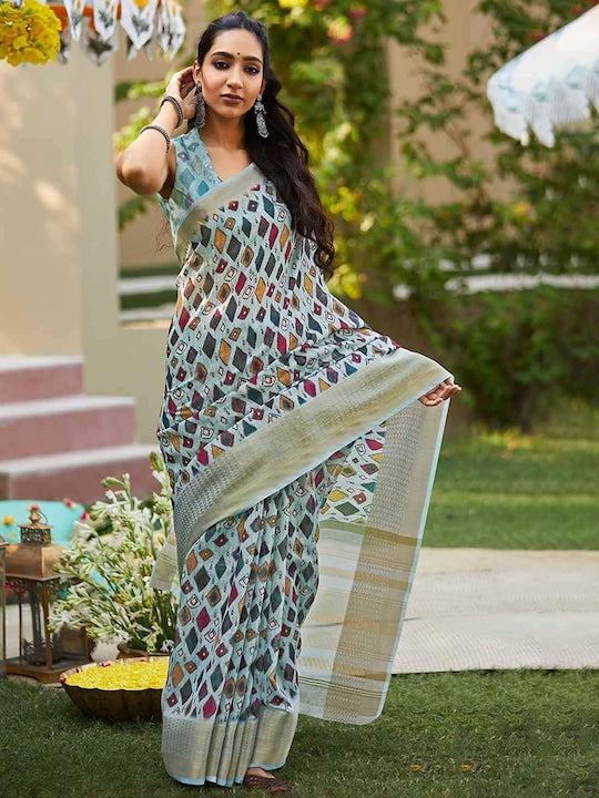 Magnetic Sky Blue Colored Casual Wear Printed Linen Saree