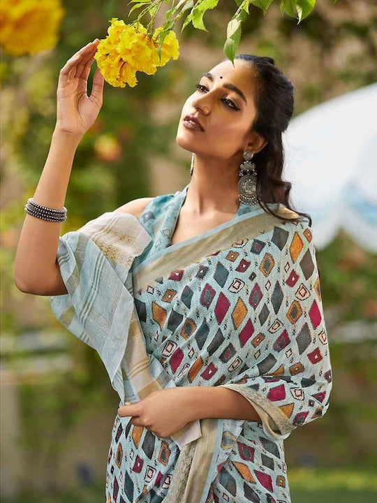 Magnetic Sky Blue Colored Casual Wear Printed Linen Saree