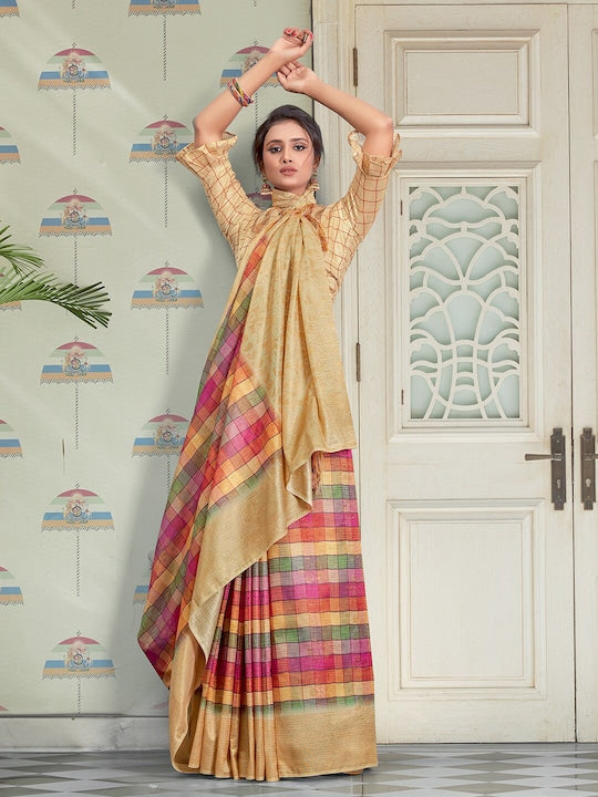 Flamboyant Cream Colored Festive Wear Printed Pure Linen Saree