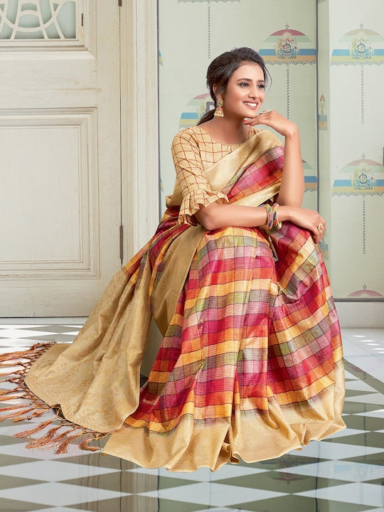 Flamboyant Cream Colored Festive Wear Printed Pure Linen Saree