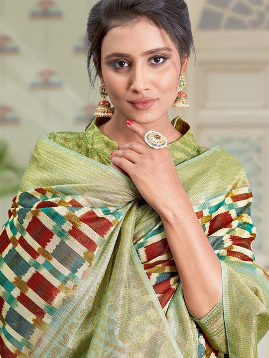 Breathtaking Green Colored Festive Wear Printed Linen Saree