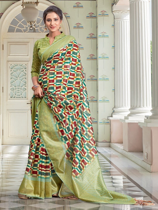 Breathtaking Green Colored Festive Wear Printed Linen Saree