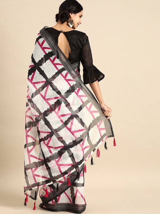 Glorious Black And White Coloured Casual Wear Printed Linen Saree