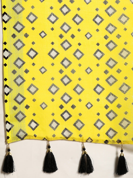 Gorgeous Yellow And Black Colored Festive Wear Printed Pure Linen Saree