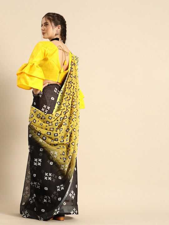 Gorgeous Yellow And Black Colored Festive Wear Printed Pure Linen Saree