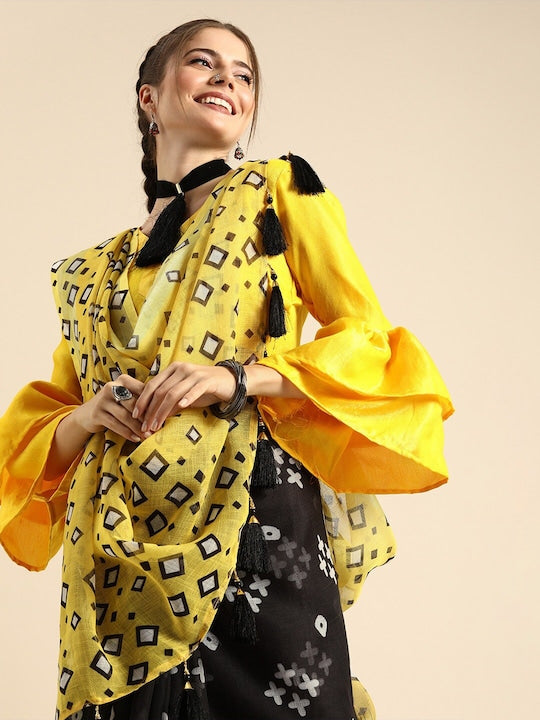 Gorgeous Yellow And Black Colored Festive Wear Printed Pure Linen Saree