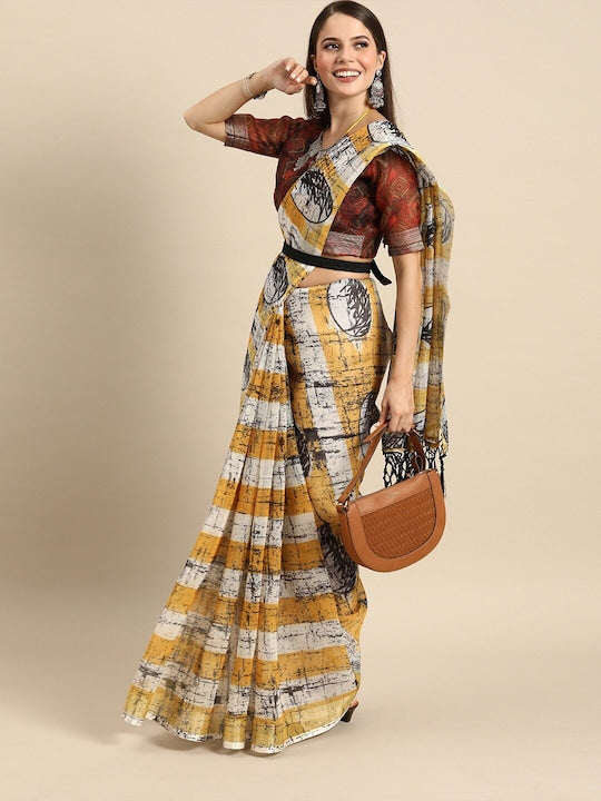 Mesmerising Yellow Colored Casual Wear Printed Linen Saree