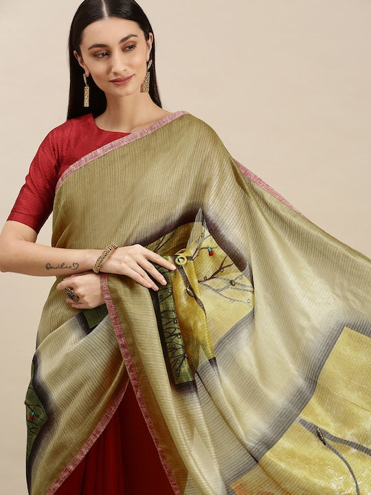 Light Green And Organza Printed Linen Saree With Blouse piece