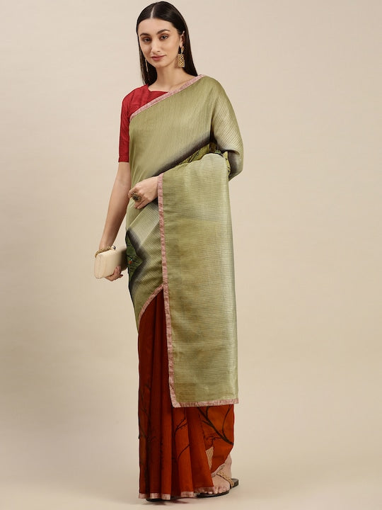 Light Green And Organza Printed Linen Saree With Blouse piece