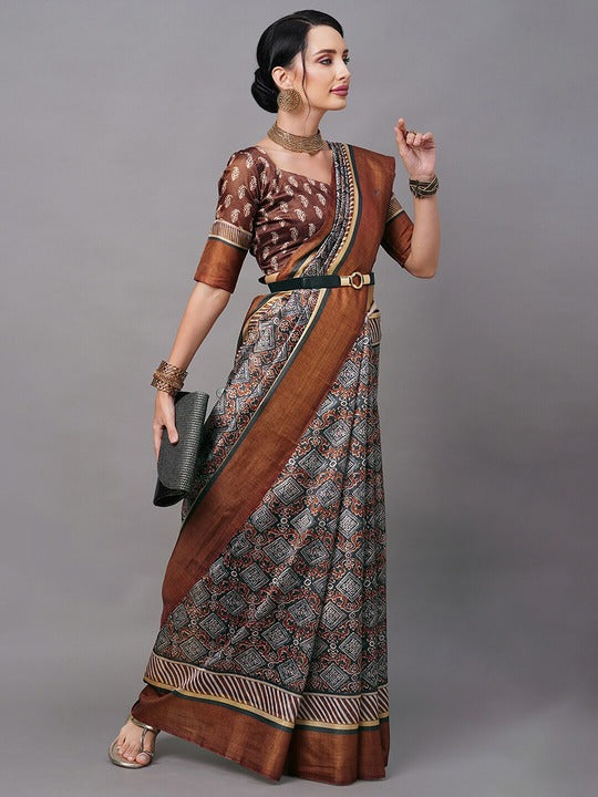Brown And Grey Printed Linen Saree With Blouse piece