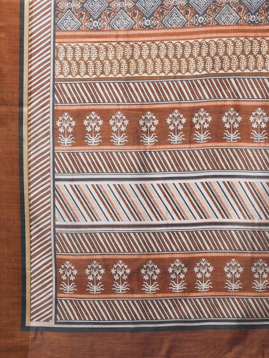 Brown And Grey Printed Linen Saree With Blouse piece