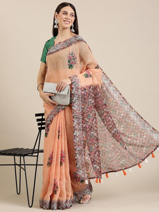 Light Orange Printed Linen Saree With Blouse piece