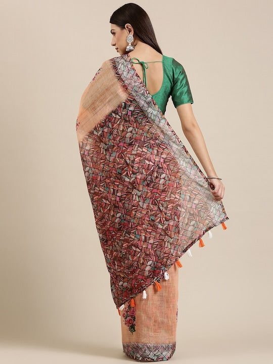 Light Orange Printed Linen Saree With Blouse piece