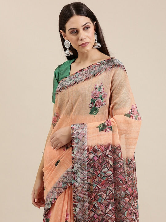 Light Orange Printed Linen Saree With Blouse piece