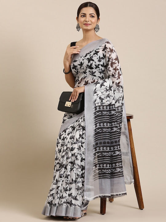 White And Black Printed Linen Saree With Blouse piece