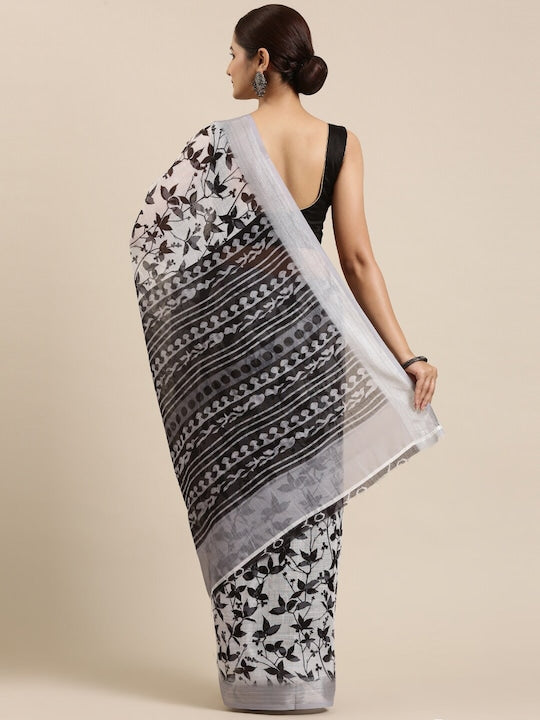 White And Black Printed Linen Saree With Blouse piece