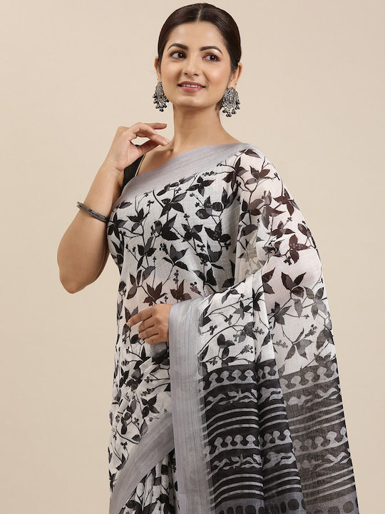 White And Black Printed Linen Saree With Blouse piece