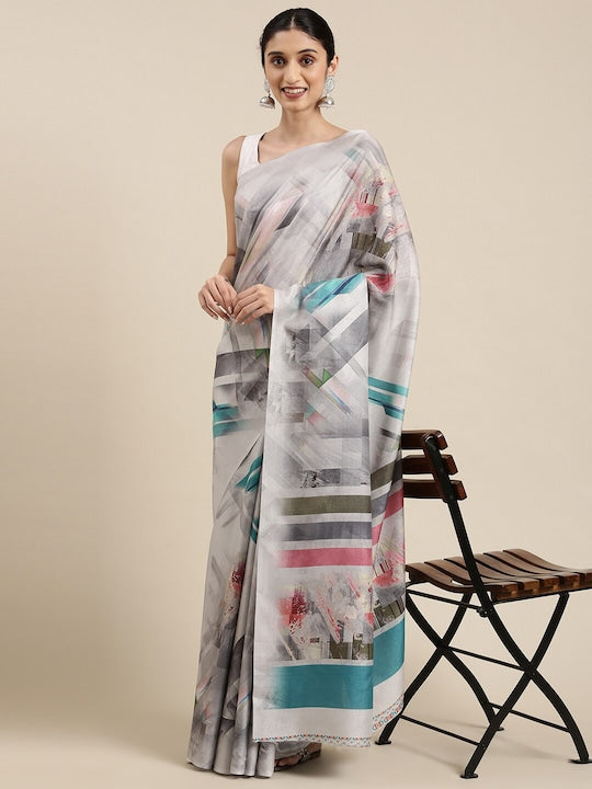 Grey Printed Linen Saree With Blouse piece