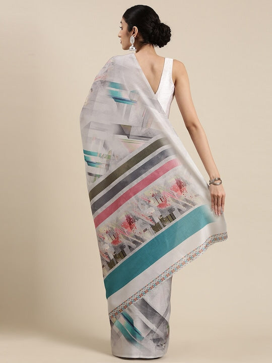 Grey Printed Linen Saree With Blouse piece