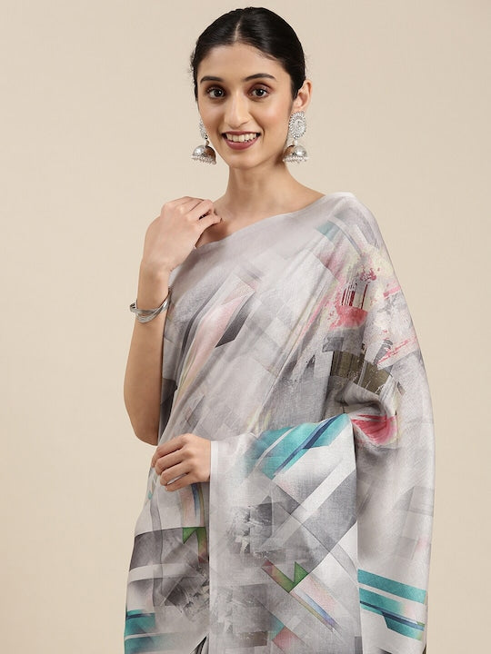 Grey Printed Linen Saree With Blouse piece