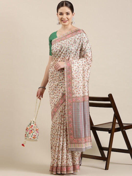 Light Cream And Pink  Printed Linen Saree With Blouse piece