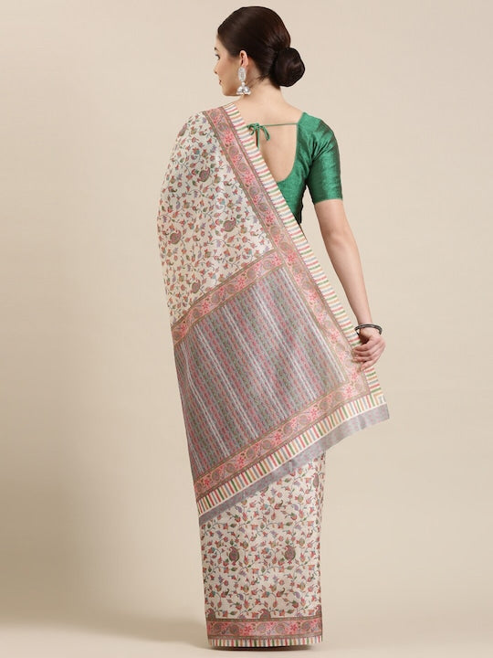 Light Cream And Pink  Printed Linen Saree With Blouse piece