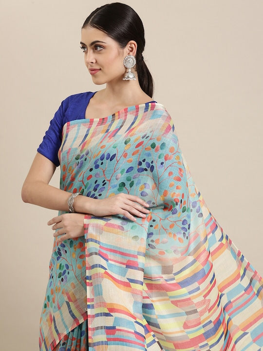 Light Blue Printed Linen Saree With Blouse piece