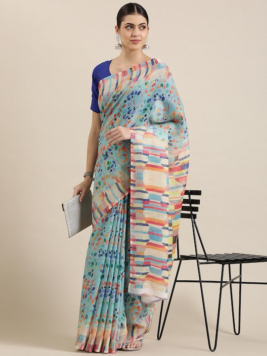 Light Blue Printed Linen Saree With Blouse piece