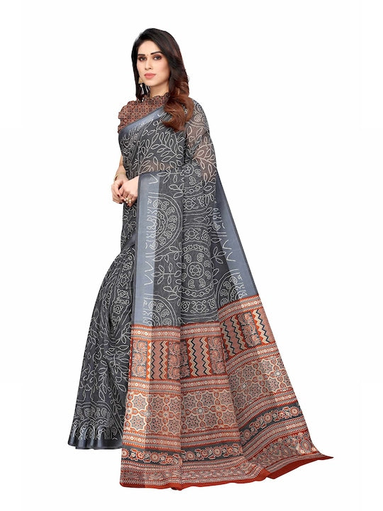 Brown And Grey Printed Linen Saree With Blouse piece