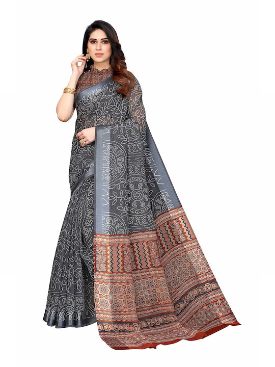 Brown And Grey Printed Linen Saree With Blouse piece