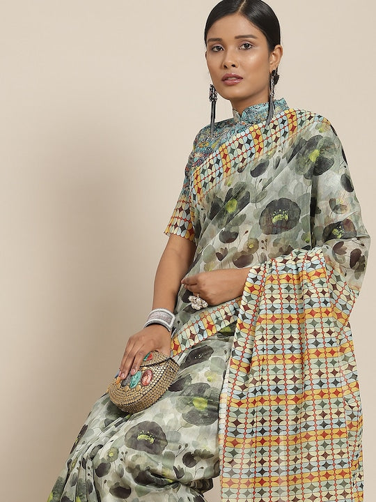 Light Green Printed Linen Saree With Blouse piece