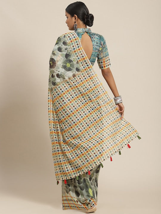 Light Green Printed Linen Saree With Blouse piece