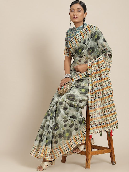 Light Green Printed Linen Saree With Blouse piece