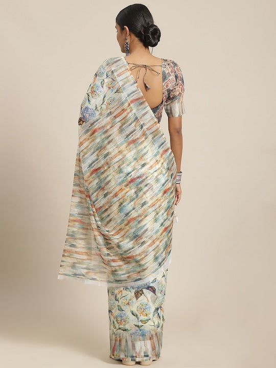 White Festive Wear Printed Pure Linen Saree