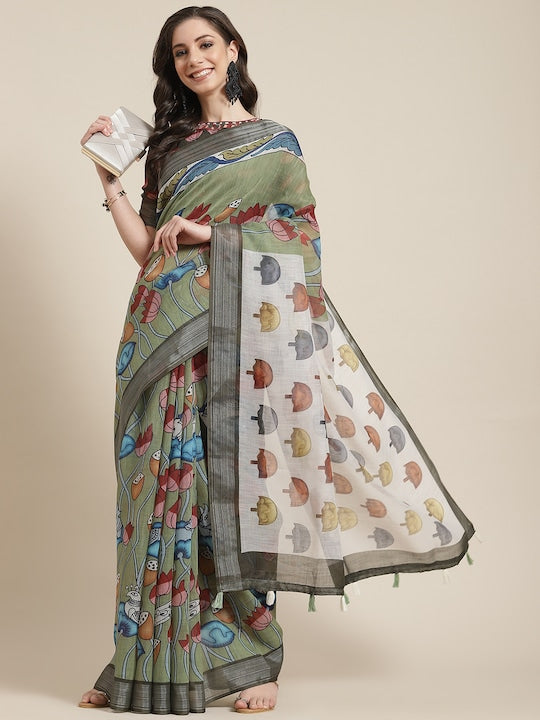 Light Green Festive Wear Printed Pure Linen Saree