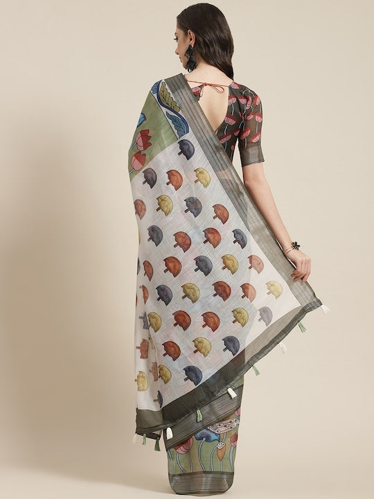 Light Green Festive Wear Printed Pure Linen Saree