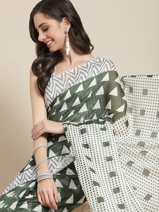 Off White And Green Festive Wear Printed Pure Linen Saree