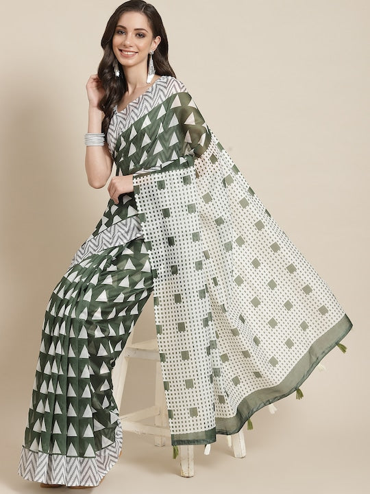 Off White And Green Festive Wear Printed Pure Linen Saree